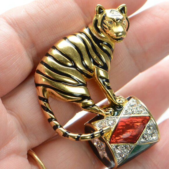 Vintage Kenneth Jay Lane KJL Enamel & Crystal Circus Tiger Pin Brooch - Picture 3 of 8